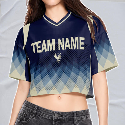 Custom Cheerleading France Football Jersey for Women, Personalized Printed Name Number Mesh Crop Top, White Navy Soccer Jersey,France Shirt | EA51
