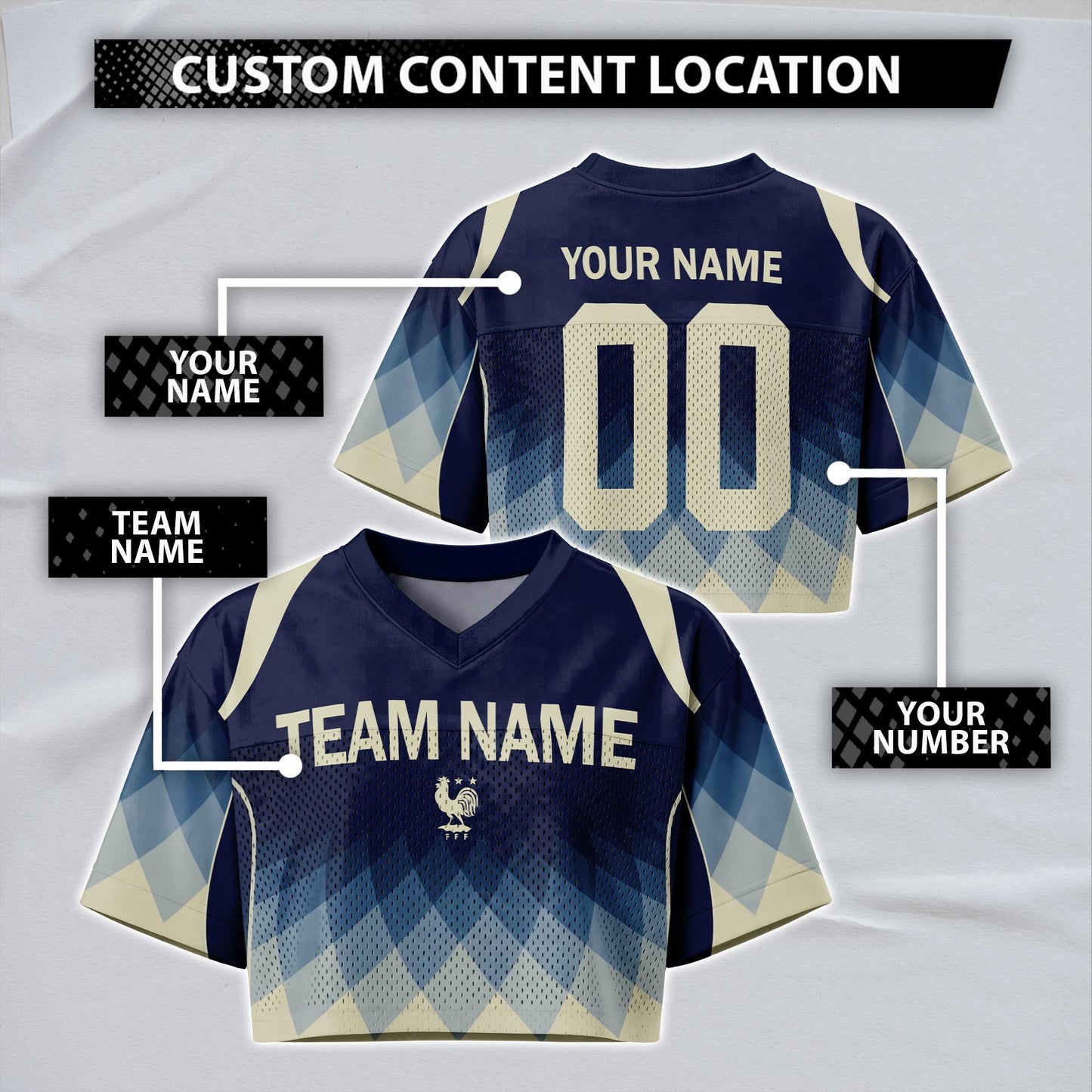 Custom Cheerleading France Football Jersey for Women, Personalized Printed Name Number Mesh Crop Top, White Navy Soccer Jersey,France Shirt | EA51