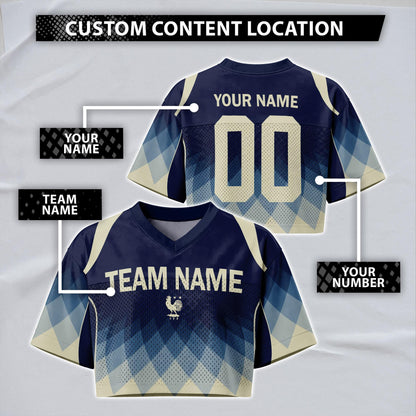 Custom Cheerleading France Football Jersey for Women, Personalized Printed Name Number Mesh Crop Top, White Navy Soccer Jersey,France Shirt | EA51