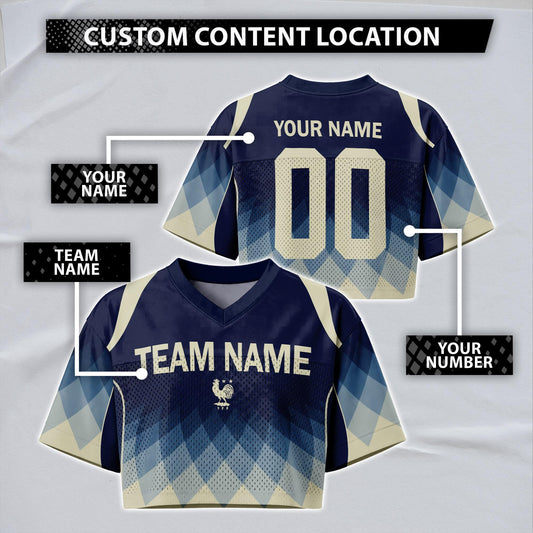 Custom Cheerleading France Football Jersey for Women, Personalized Printed Name Number Mesh Crop Top, White Navy Soccer Jersey,France Shirt | EA51