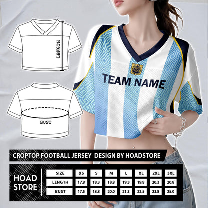 Custom Cheerleading Argentina Football Jersey for Women, Personalized Printed Name Number Mesh Crop Top, White Navy Soccer Jersey | PX91