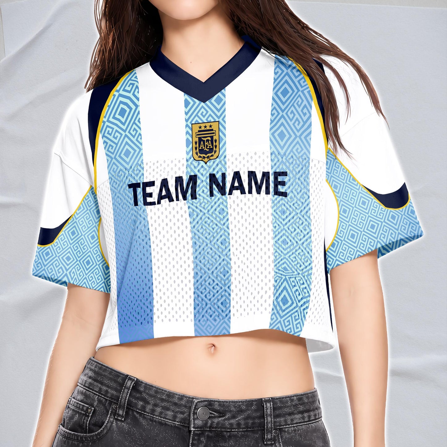 Custom Cheerleading Argentina Football Jersey for Women, Personalized Printed Name Number Mesh Crop Top, White Navy Soccer Jersey | PX91