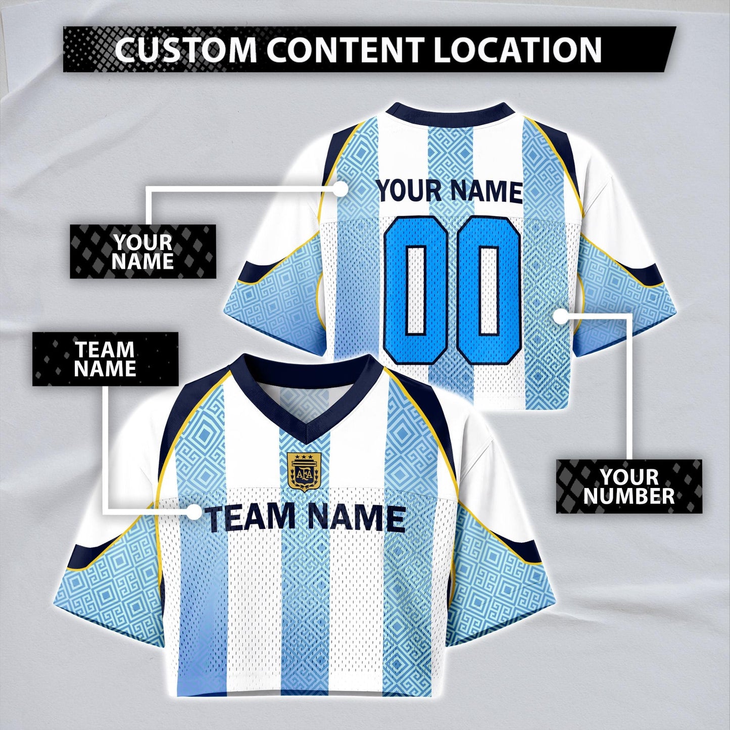 Custom Cheerleading Argentina Football Jersey for Women, Personalized Printed Name Number Mesh Crop Top, White Navy Soccer Jersey | PX91