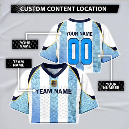 Custom Cheerleading Argentina Football Jersey for Women, Personalized Printed Name Number Mesh Crop Top, White Navy Soccer Jersey | PX91