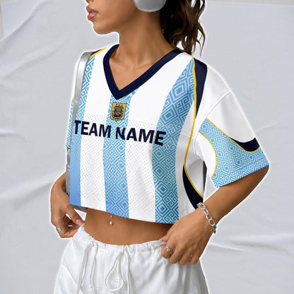 Custom Cheerleading Argentina Football Jersey for Women, Personalized Printed Name Number Mesh Crop Top, White Navy Soccer Jersey | PX91