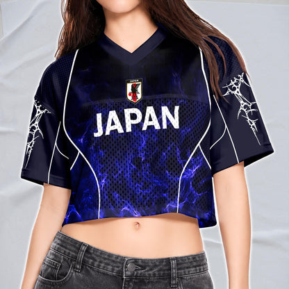 Custom Cheerleading Japan Football Jersey for Women, Personalized Printed Name Number Mesh Crop Top, Black Navy Soccer Jersey, Soccer Shirt | TP78
