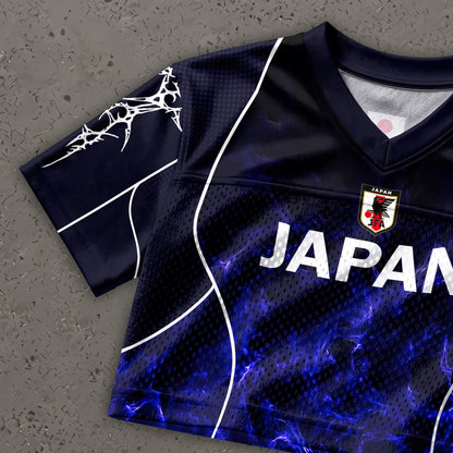 Custom Cheerleading Japan Football Jersey for Women, Personalized Printed Name Number Mesh Crop Top, Black Navy Soccer Jersey, Soccer Shirt | TP78