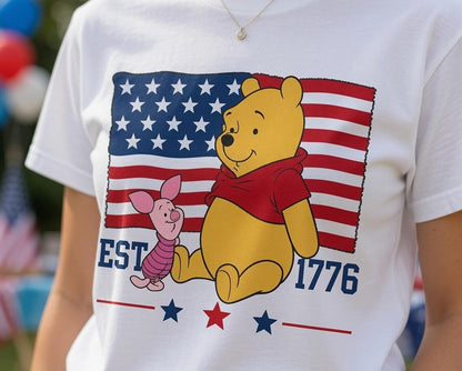 Winnie the Pooh 250th Anniversary Shirt, Disney Pooh Piglet Comfort Colors Tee, Patriotic Front Back July 4th Gift for Women | AC80