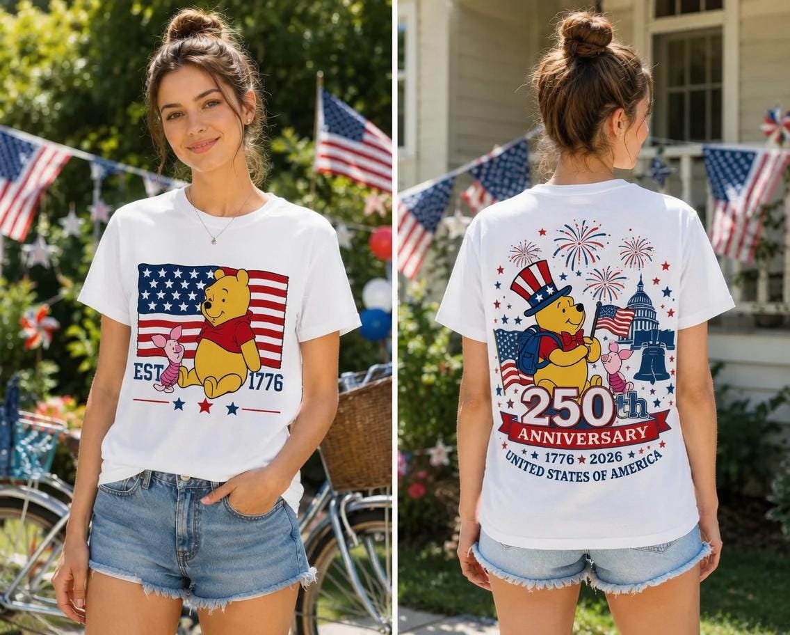 Winnie the Pooh 250th Anniversary Shirt, Disney Pooh Piglet Comfort Colors Tee, Patriotic Front Back July 4th Gift for Women | AC80