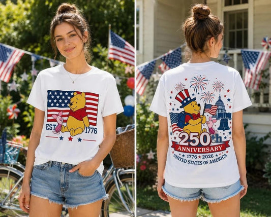 Winnie the Pooh 250th Anniversary Shirt, Disney Pooh Piglet Comfort Colors Tee, Patriotic Front Back July 4th Gift for Women | AC80