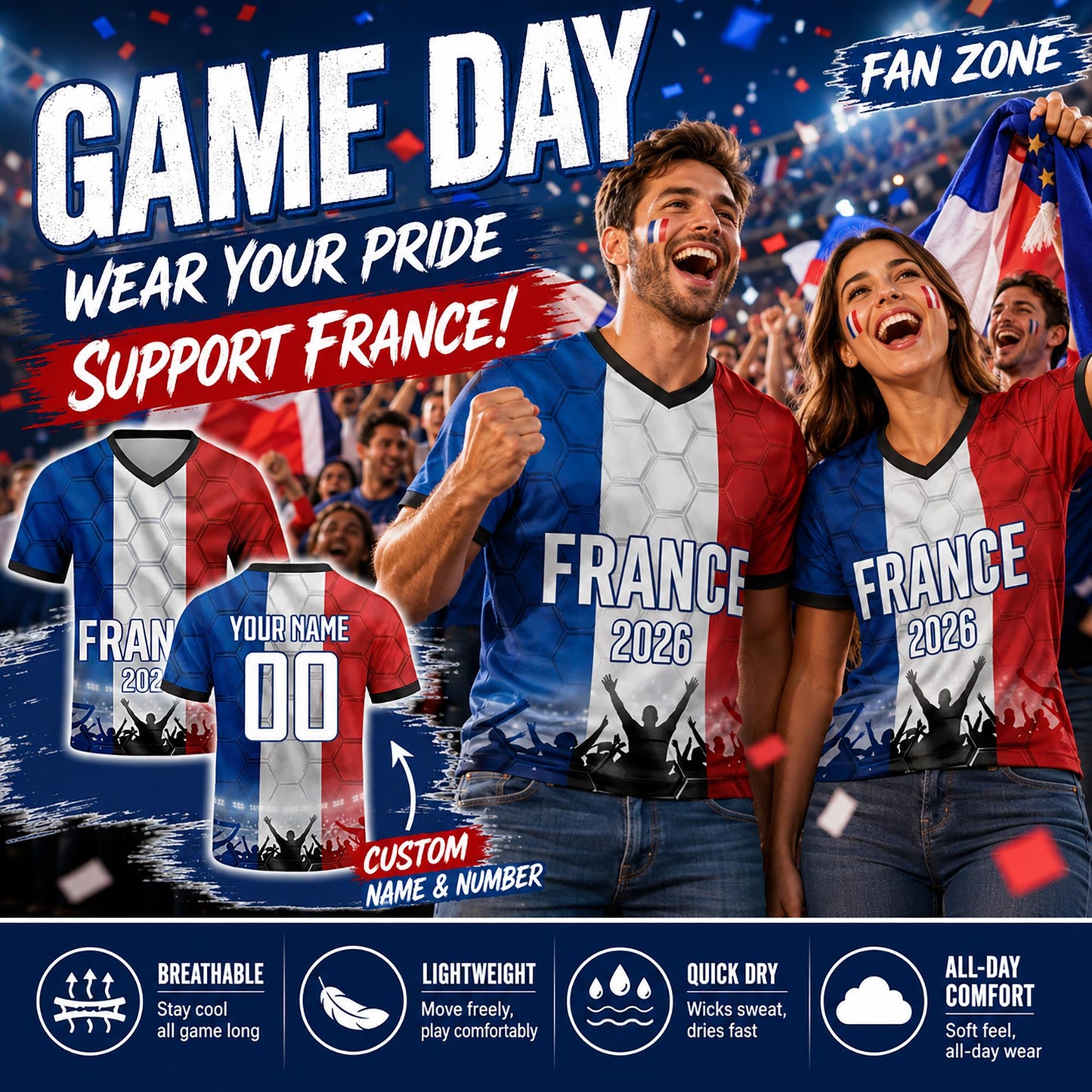 Custom France Soccer Jersey 2026 World Cup, Personalized Name Number Shirt for Men Women Kids, France Fan Apparel Gift | GM99