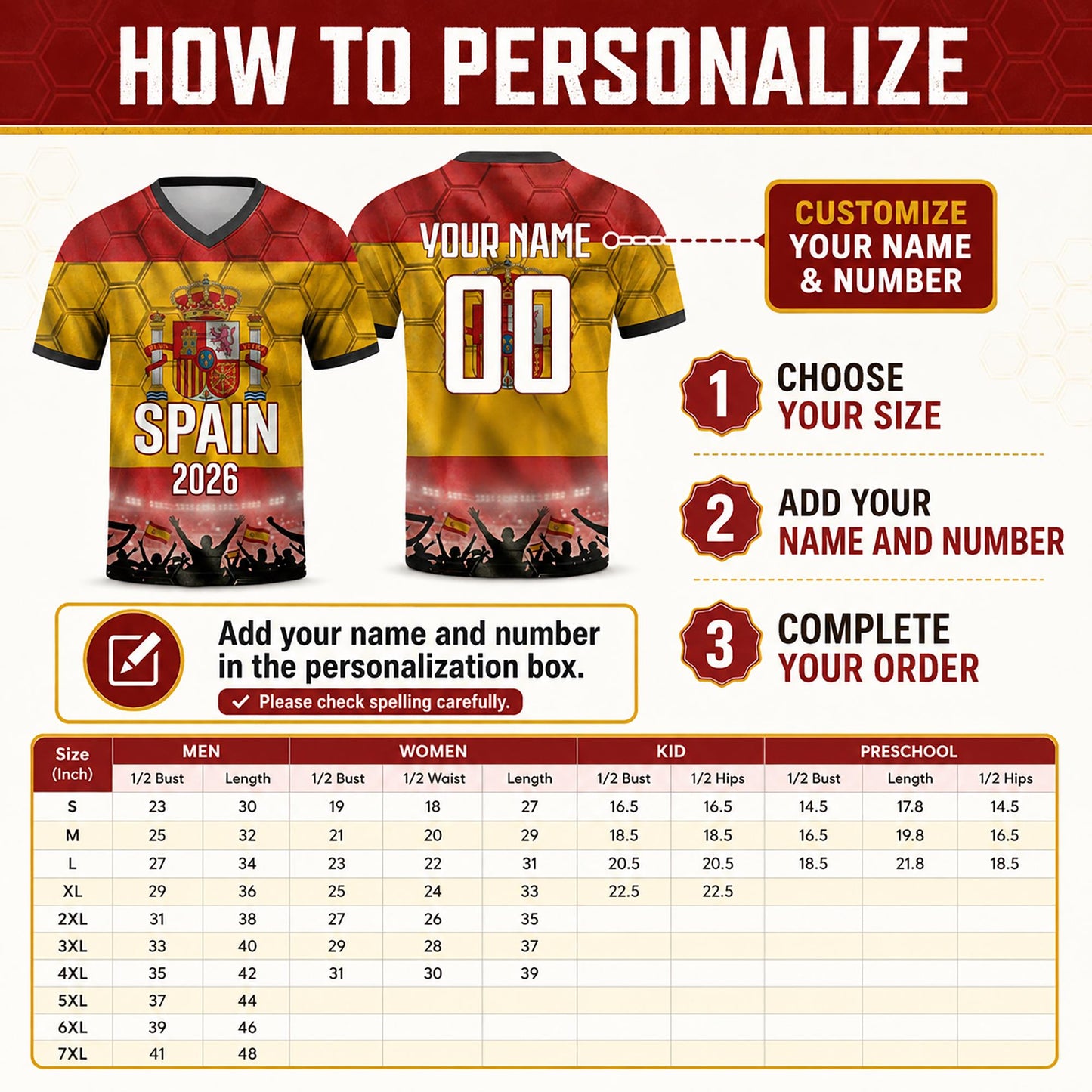 Custom Spain Soccer Jersey 2026 World Cup, Personalized Name Number Shirt for Men Women Kids, Spain Fan Apparel Gift | OP68