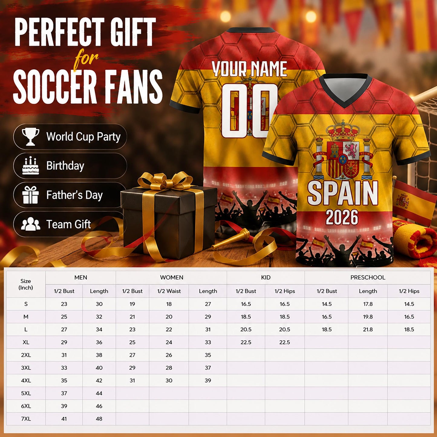 Custom Spain Soccer Jersey 2026 World Cup, Personalized Name Number Shirt for Men Women Kids, Spain Fan Apparel Gift | OP68
