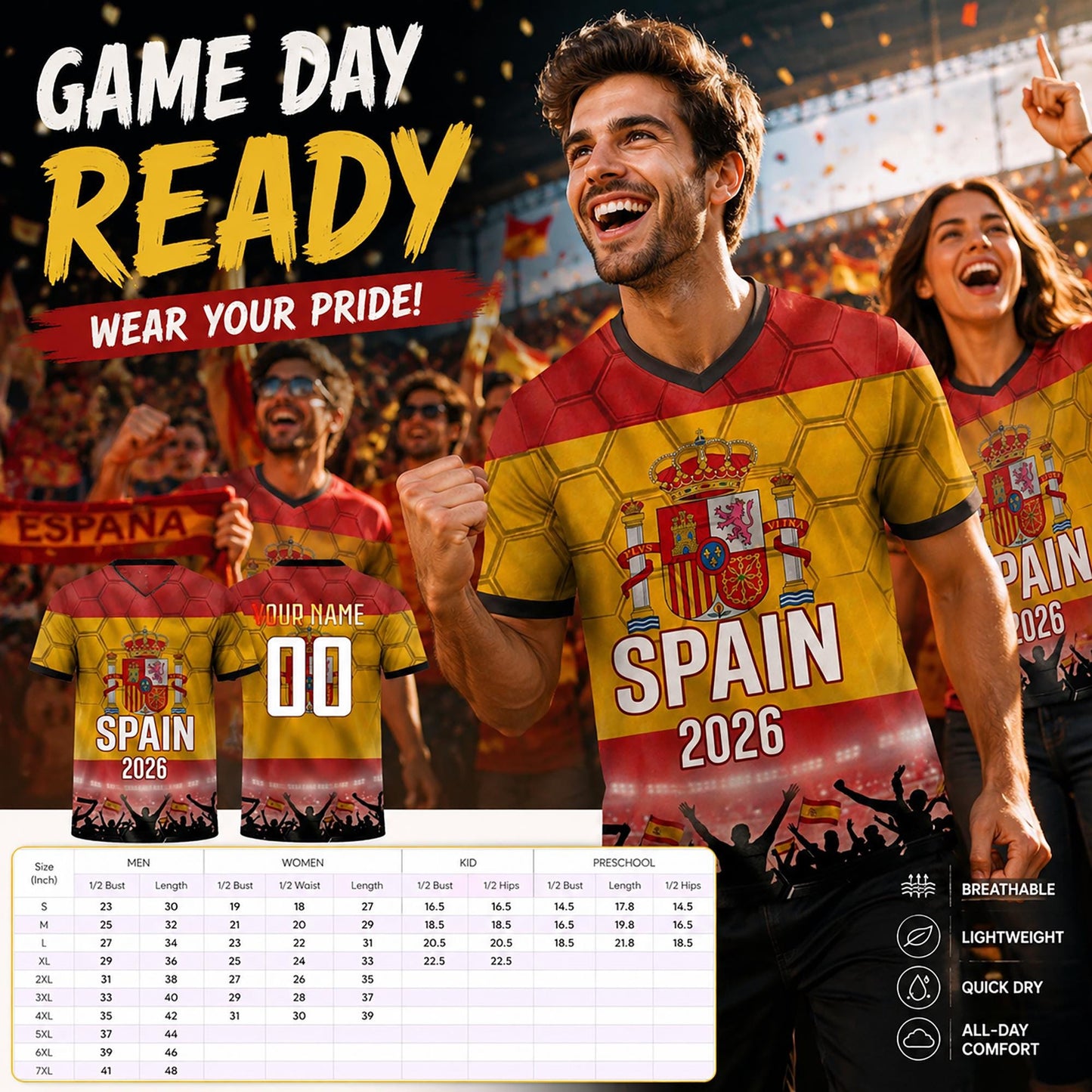 Custom Spain Soccer Jersey 2026 World Cup, Personalized Name Number Shirt for Men Women Kids, Spain Fan Apparel Gift | OP68