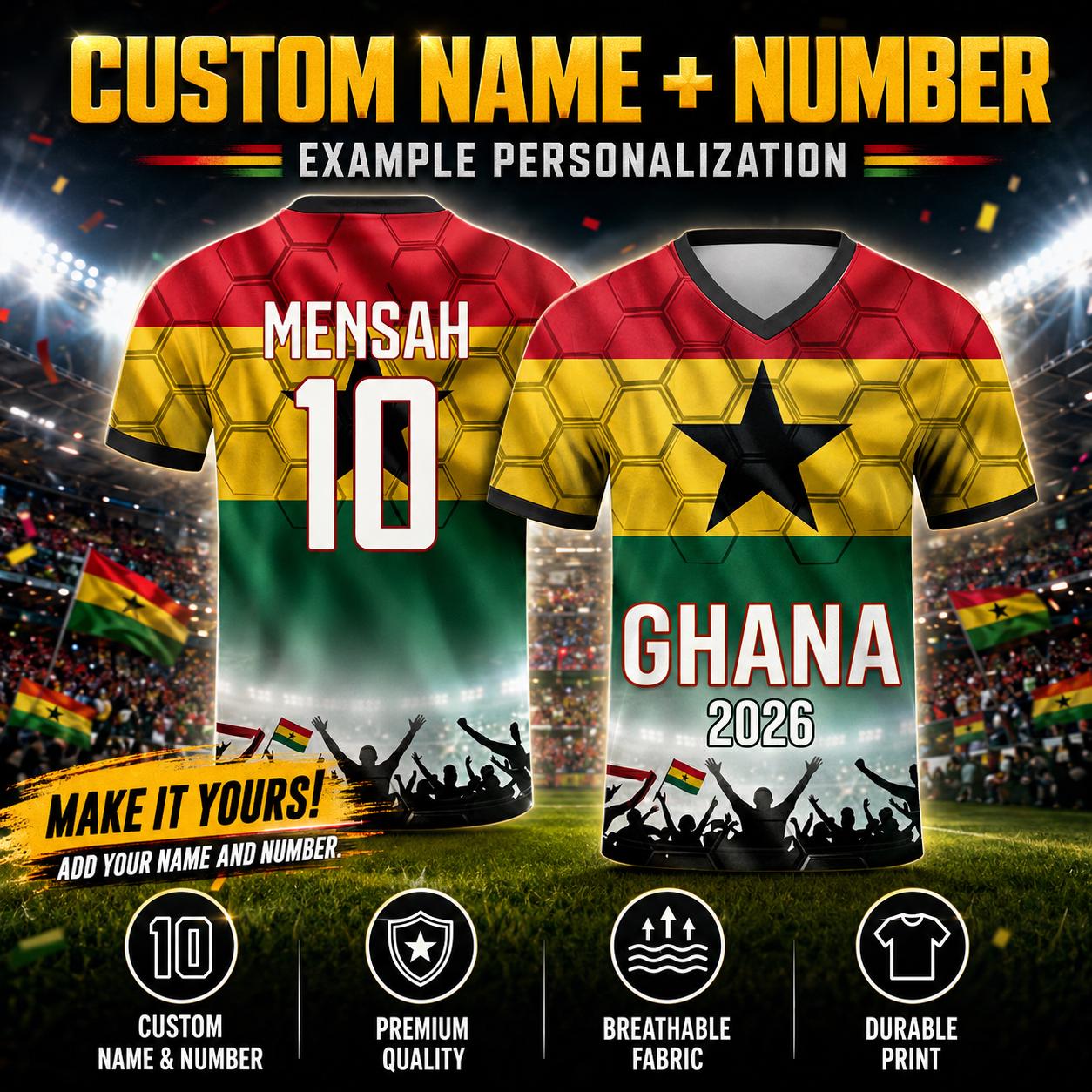 Custom Ghana Soccer Jersey 2026 World Cup, Personalized Name Number Shirt for Men Women Kids, Ghana Fan Apparel Gift | XH33