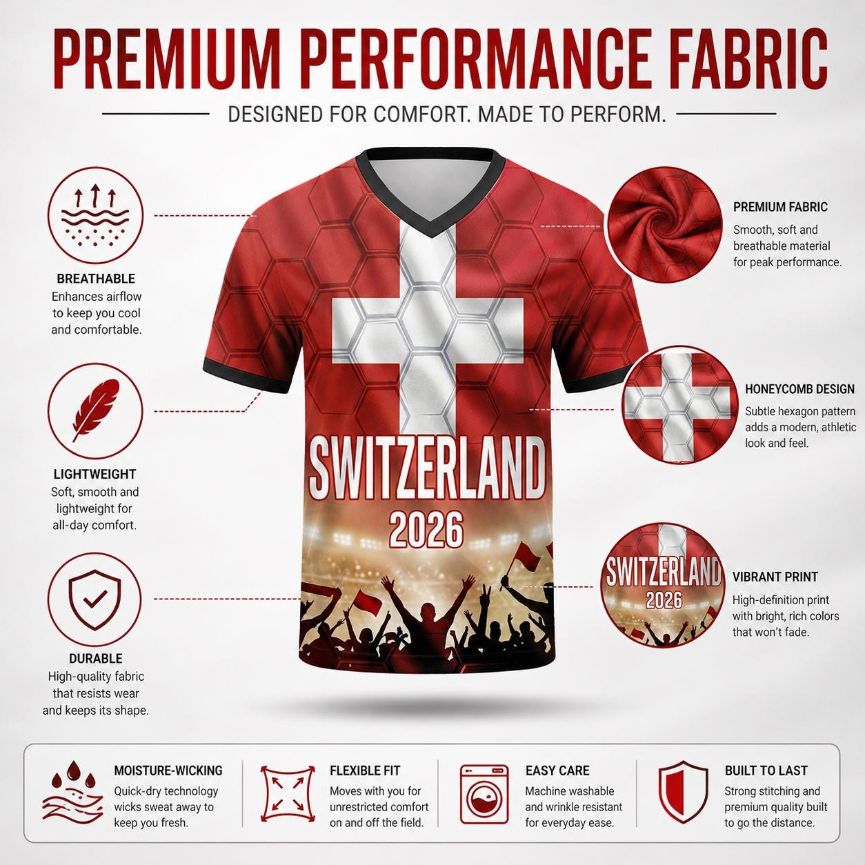 Custom Switzerland Soccer Jersey 2026 World Cup, Personalized Name Number Shirt for Men Women Kids, Switzerland Fan Apparel Gift | AZ96