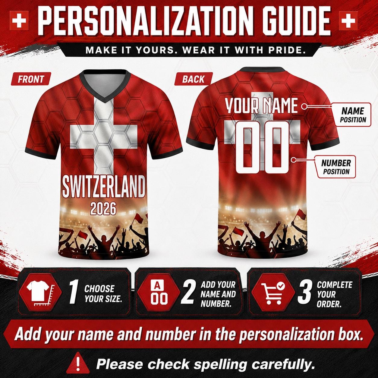 Custom Switzerland Soccer Jersey 2026 World Cup, Personalized Name Number Shirt for Men Women Kids, Switzerland Fan Apparel Gift | AZ96