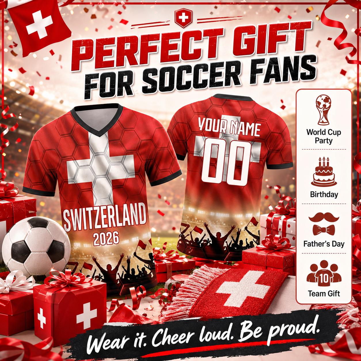 Custom Switzerland Soccer Jersey 2026 World Cup, Personalized Name Number Shirt for Men Women Kids, Switzerland Fan Apparel Gift | AZ96