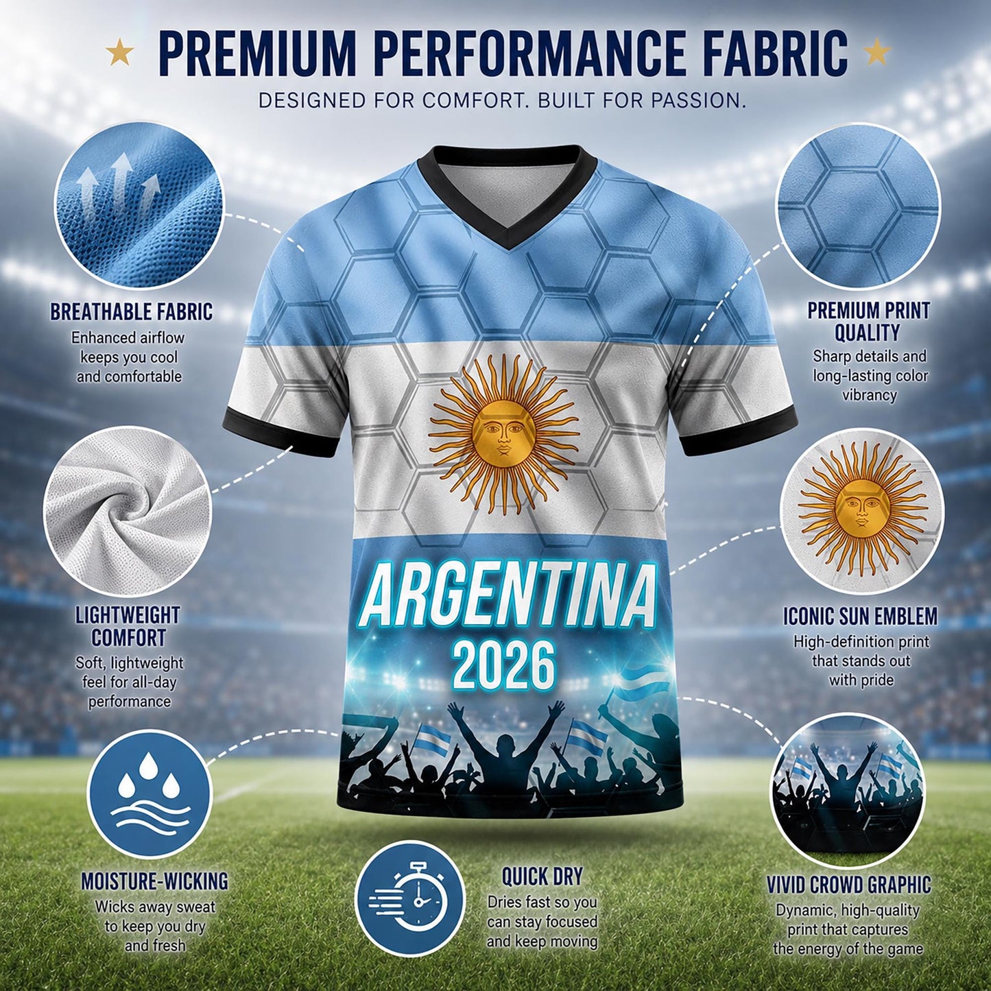 Custom Argentina Soccer Jersey 2026 World Cup, Personalized Name Number Shirt for Men Women Kids, Argentina Fan Apparel Gift | AR44