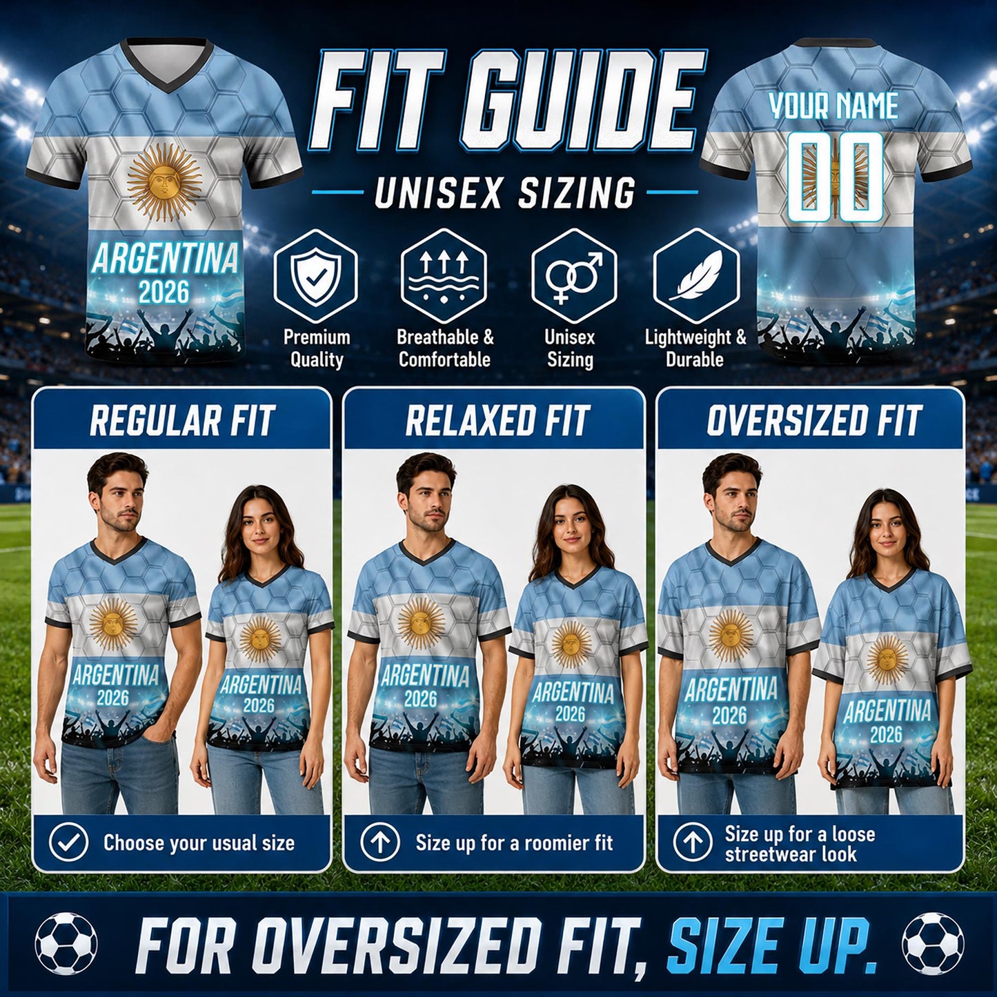 Custom Argentina Soccer Jersey 2026 World Cup, Personalized Name Number Shirt for Men Women Kids, Argentina Fan Apparel Gift | AR44