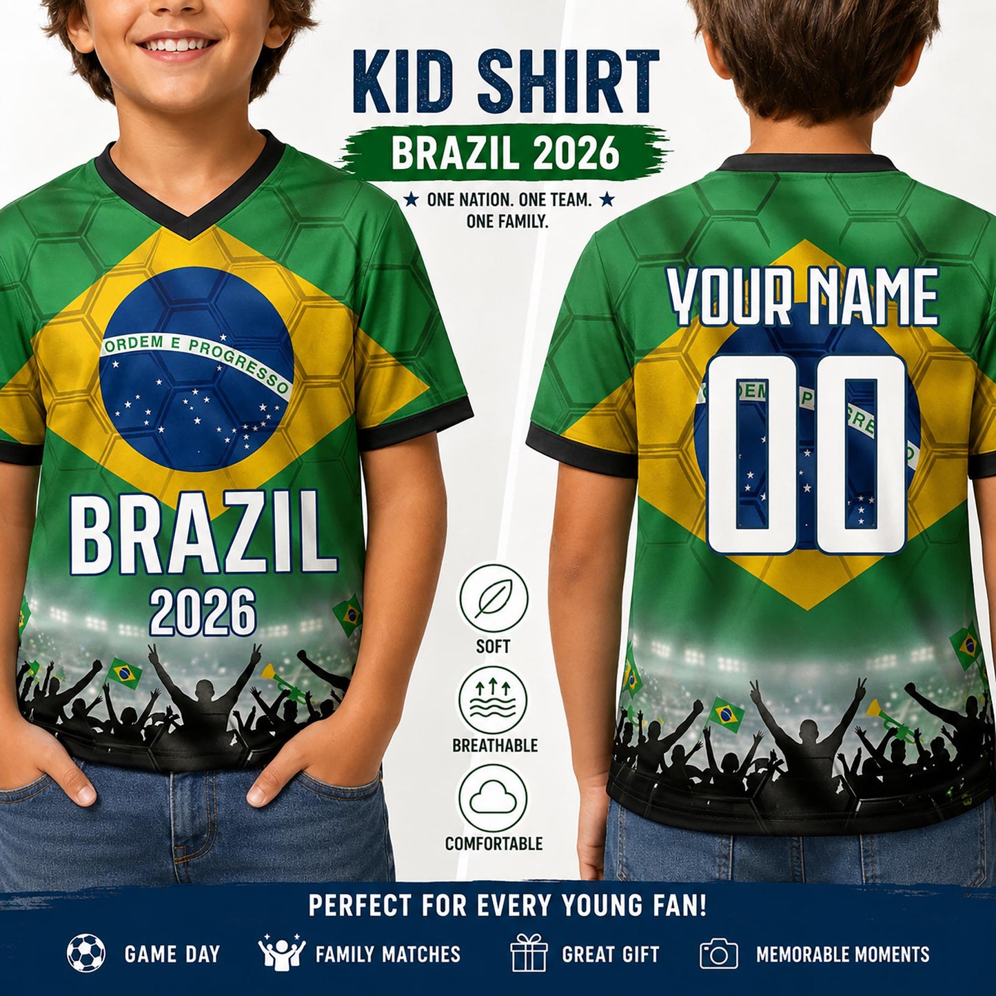 Custom Brazil Soccer Jersey 2026 World Cup, Personalized Name Number Shirt for Men Women Kids, Brazil Fan Apparel Gift | BX91