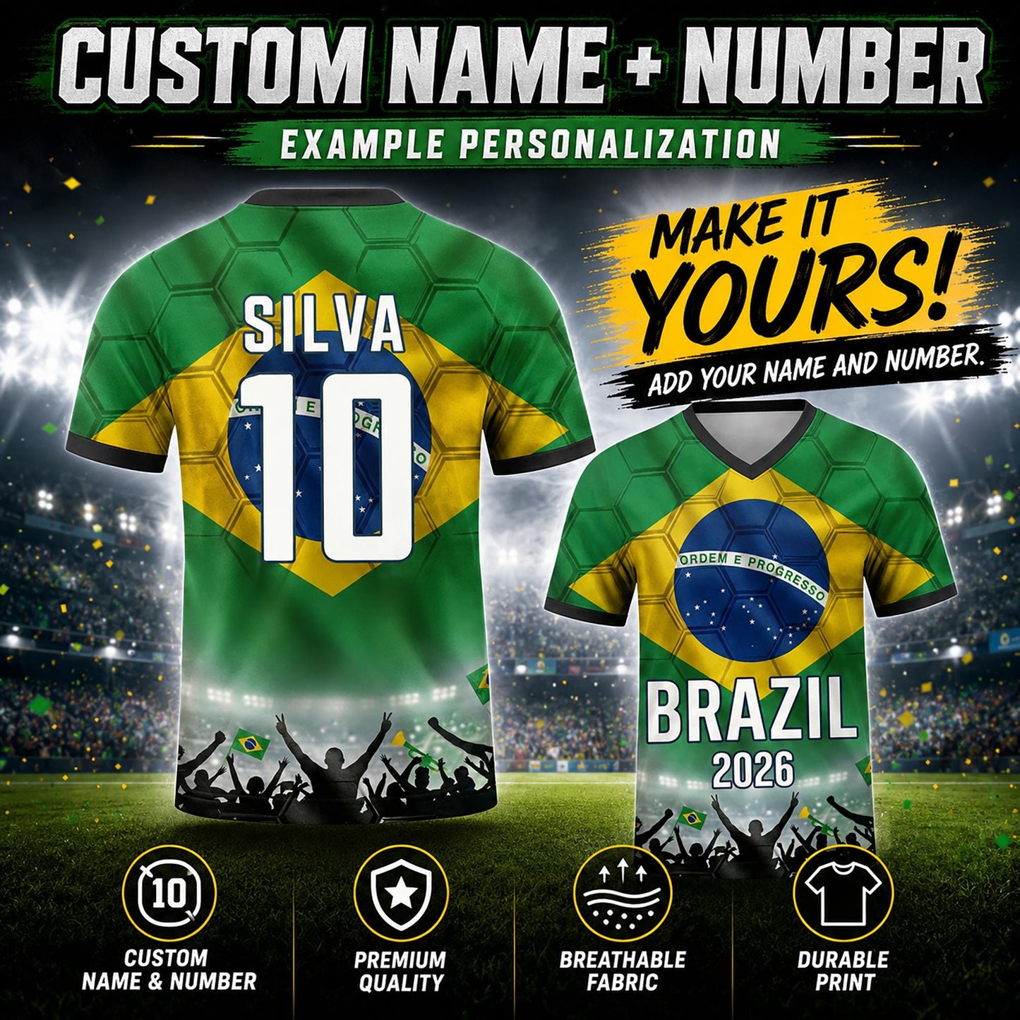 Custom Brazil Soccer Jersey 2026 World Cup, Personalized Name Number Shirt for Men Women Kids, Brazil Fan Apparel Gift | BX91