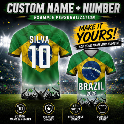 Custom Brazil Soccer Jersey 2026 World Cup, Personalized Name Number Shirt for Men Women Kids, Brazil Fan Apparel Gift | BX91