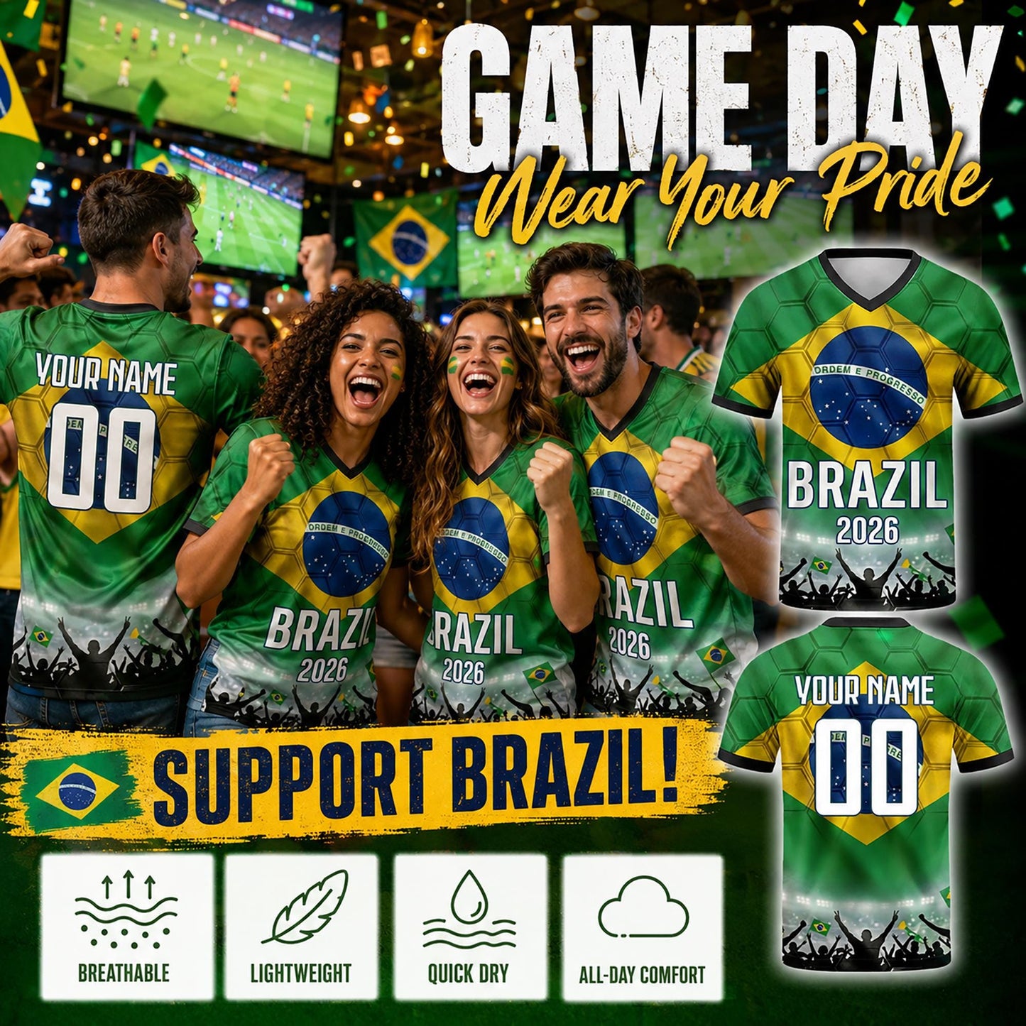 Custom Brazil Soccer Jersey 2026 World Cup, Personalized Name Number Shirt for Men Women Kids, Brazil Fan Apparel Gift | BX91