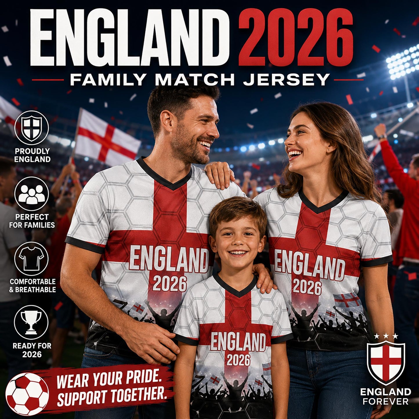 Custom England Soccer Jersey 2026 World Cup, Personalized Name Number Shirt for Men Women Kids, England Fan Apparel Gift | DE53