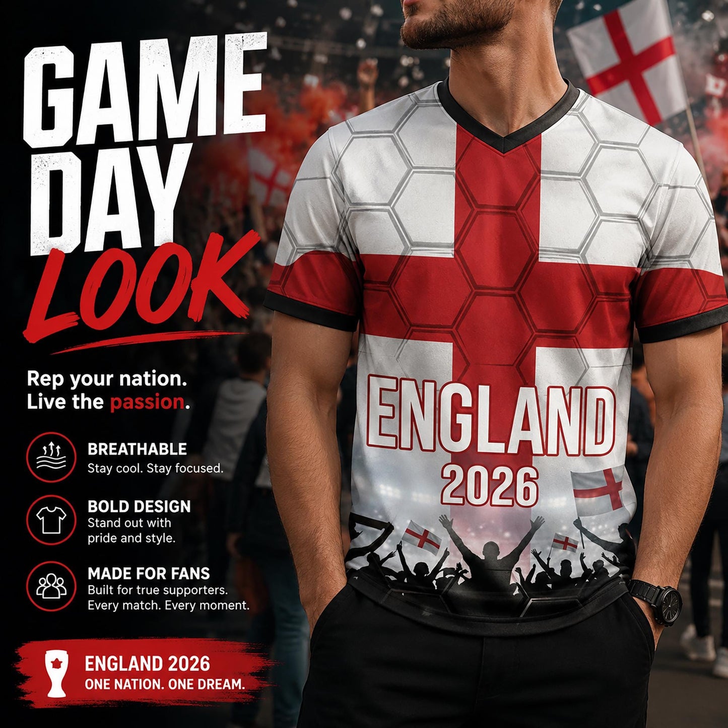 Custom England Soccer Jersey 2026 World Cup, Personalized Name Number Shirt for Men Women Kids, England Fan Apparel Gift | DE53