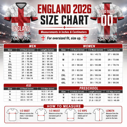 Custom England Soccer Jersey 2026 World Cup, Personalized Name Number Shirt for Men Women Kids, England Fan Apparel Gift | DE53