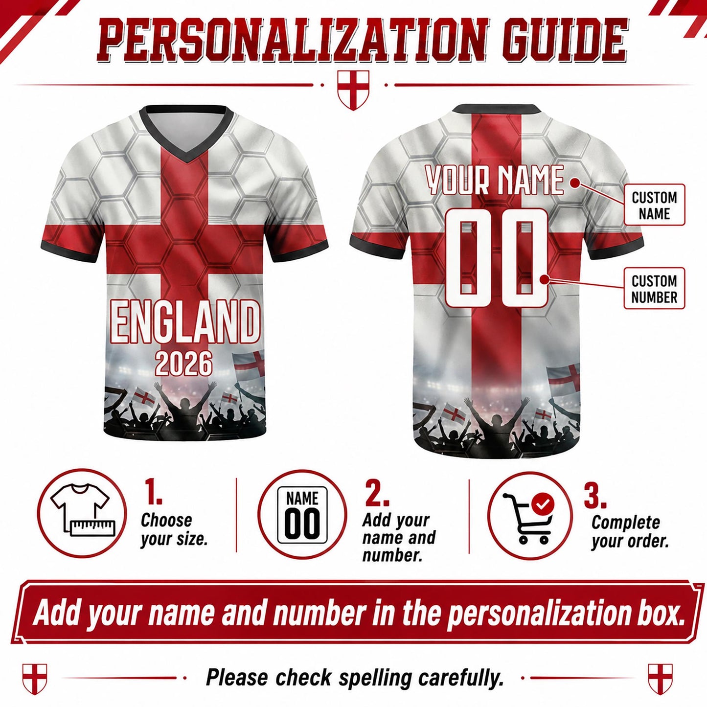 Custom England Soccer Jersey 2026 World Cup, Personalized Name Number Shirt for Men Women Kids, England Fan Apparel Gift | DE53