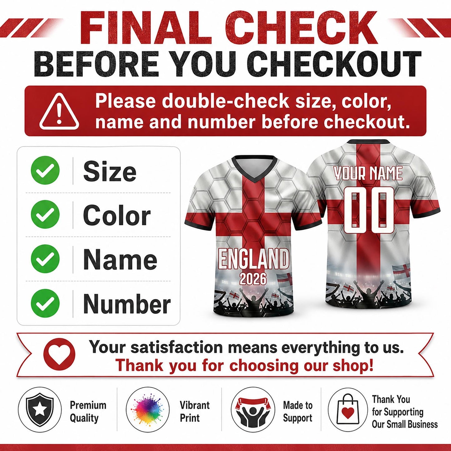 Custom England Soccer Jersey 2026 World Cup, Personalized Name Number Shirt for Men Women Kids, England Fan Apparel Gift | DE53