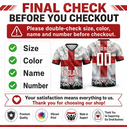 Custom England Soccer Jersey 2026 World Cup, Personalized Name Number Shirt for Men Women Kids, England Fan Apparel Gift | DE53