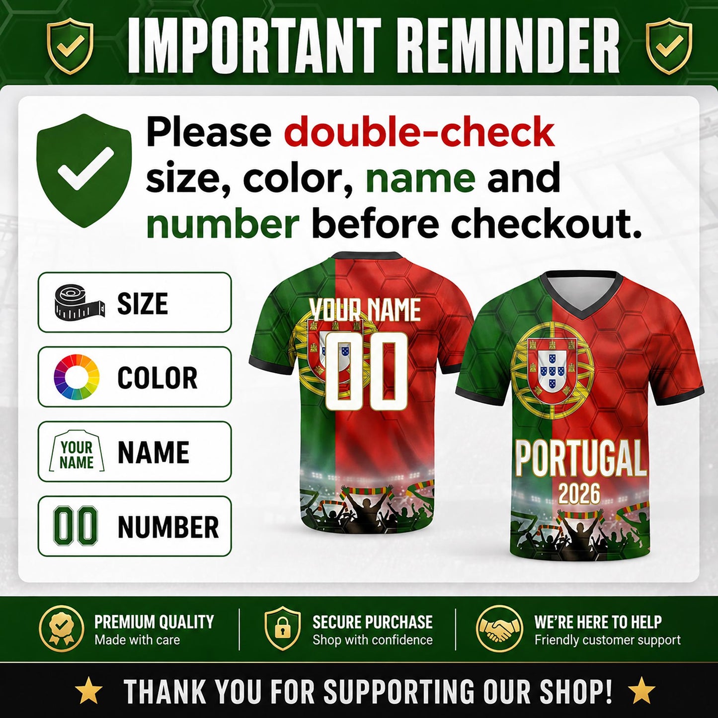 Custom Portugal Soccer Jersey 2026 World Cup, Personalized Name Number Shirt for Men Women Kids, Portugal Fan Apparel Gift | SS48