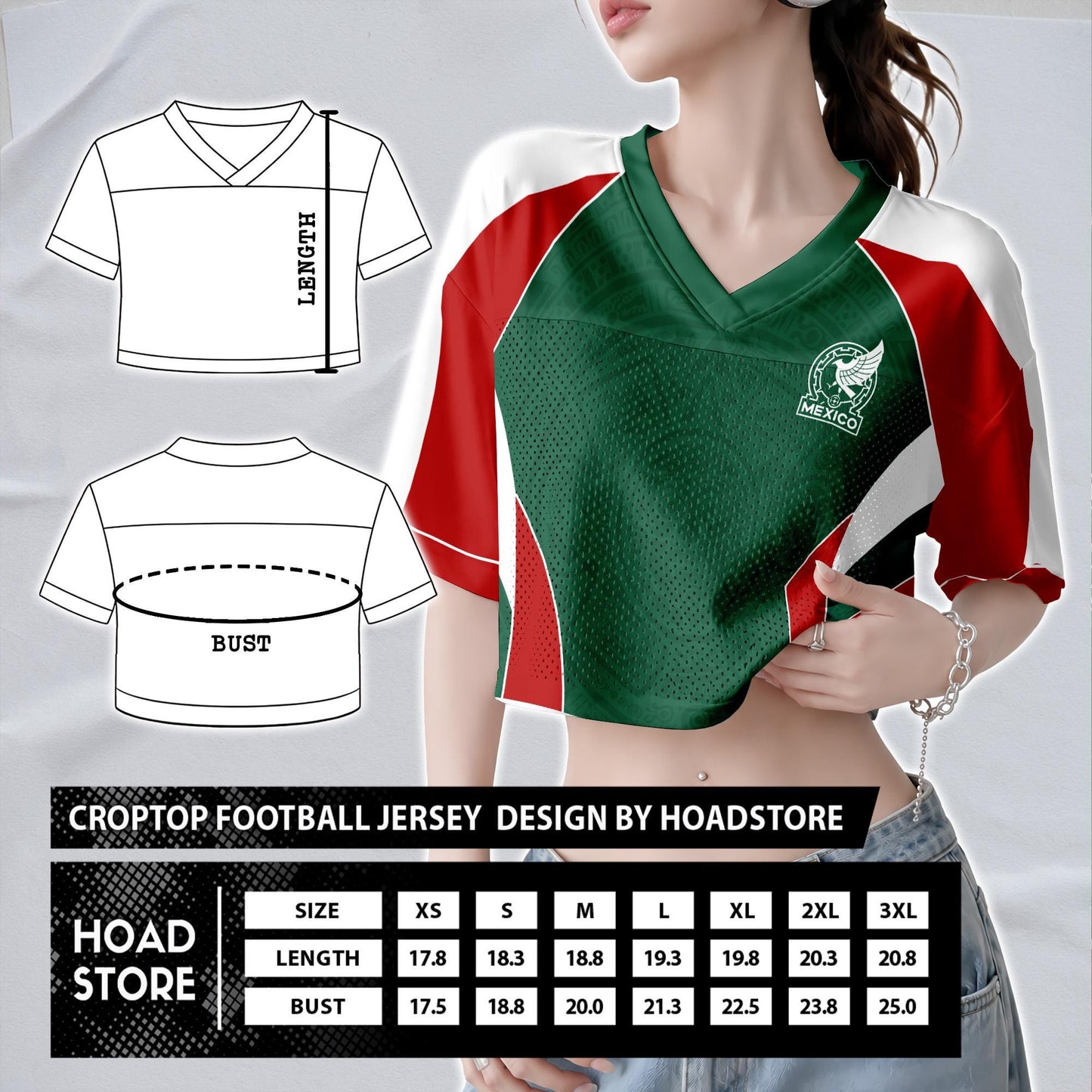 Custom Mexico Football Jersey for Women, Personalized Glitter Printed Name Number Mesh Crop Top, Green White Soccer Jersey, Mexican Shirt | SG58