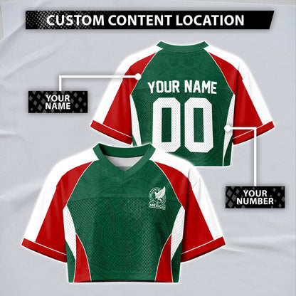 Custom Mexico Football Jersey for Women, Personalized Glitter Printed Name Number Mesh Crop Top, Green White Soccer Jersey, Mexican Shirt | SG58