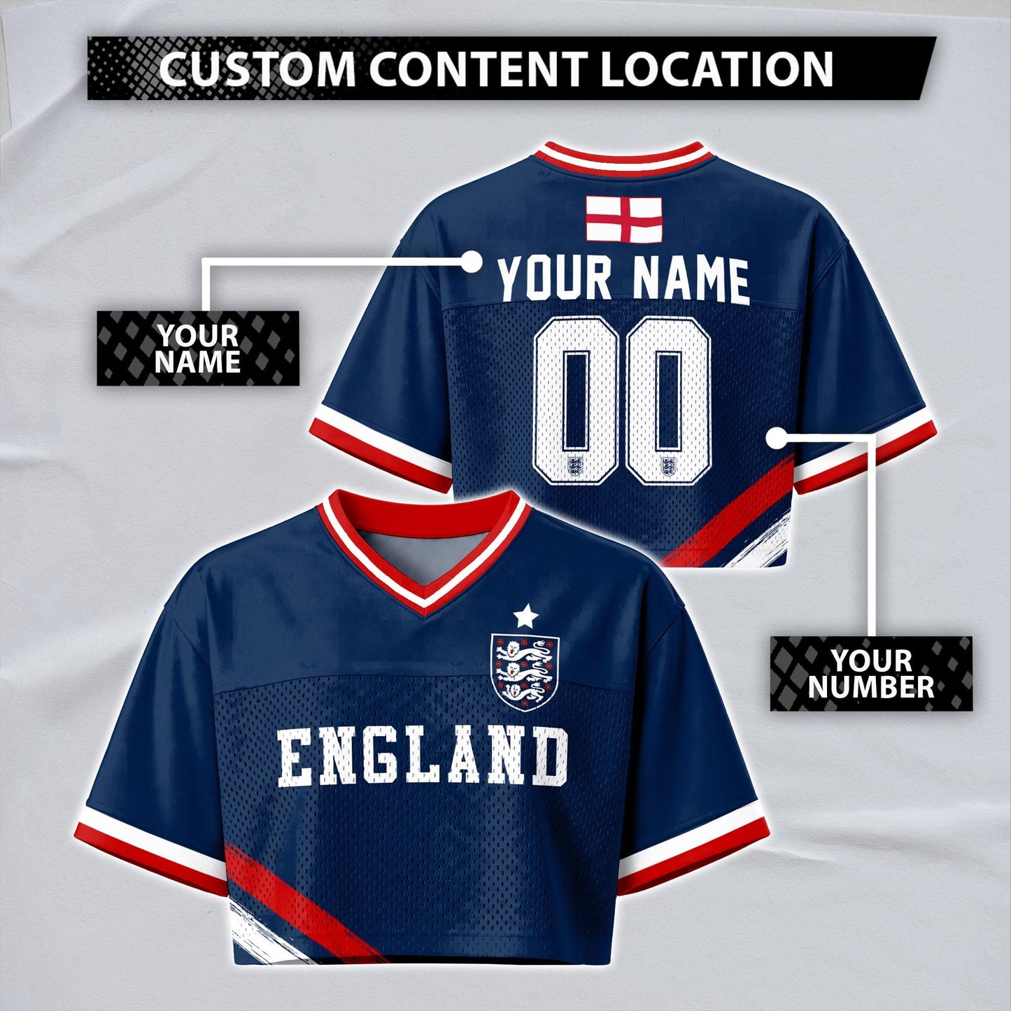 Custom England Soccer Crop Top Jersey, Personalized Name Number Shirt, Football Fan Crop Tee, Bachelorette Party & Festival Outfit | ZV82