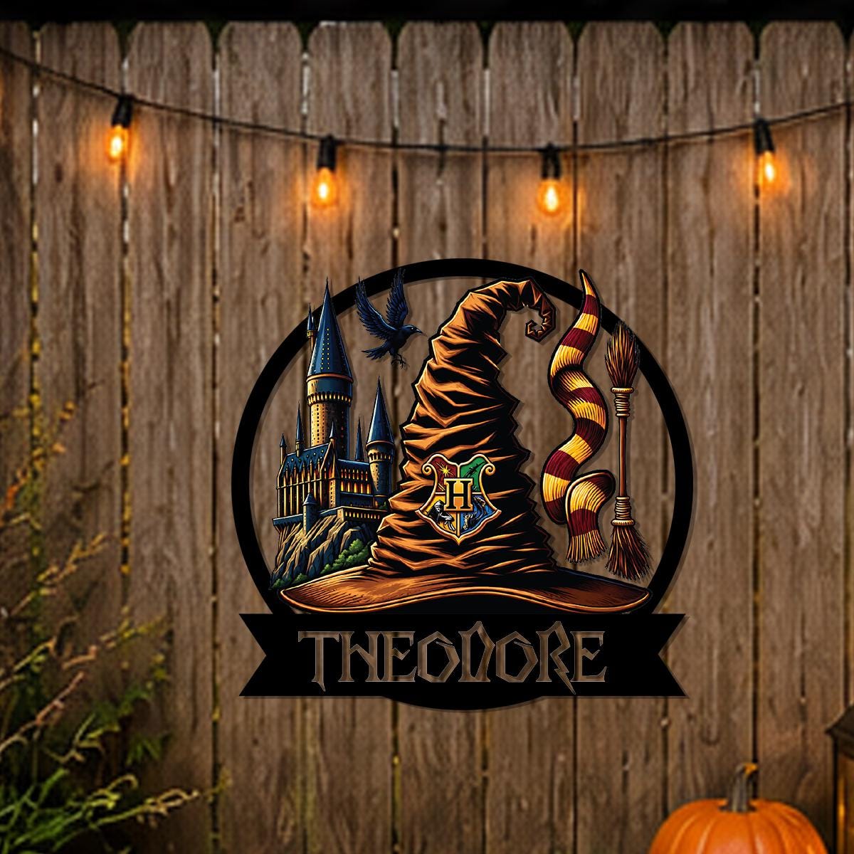 Personalized Halloween Wizard Hat Metal Sign | Custom Family Name Hogwarts Inspired Wall Decor | Witch Hat, Castle & Raven Steel Sign