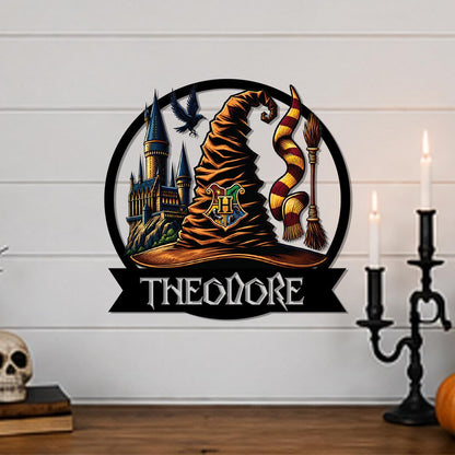 Personalized Halloween Wizard Hat Metal Sign | Custom Family Name Hogwarts Inspired Wall Decor | Witch Hat, Castle & Raven Steel Sign