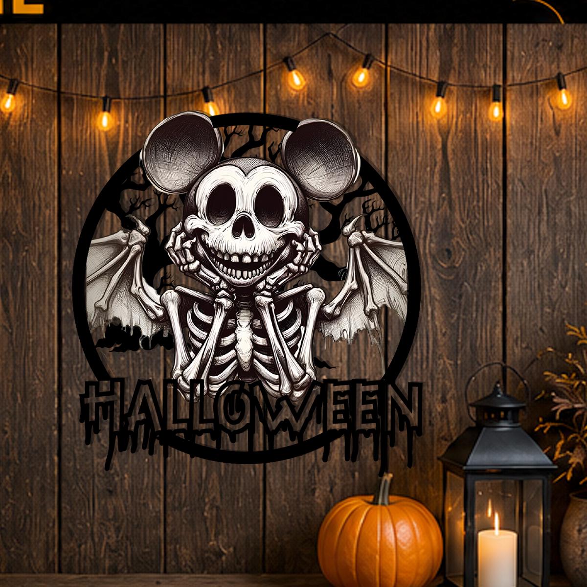 Halloween Skeleton Mouse Metal Sign | Gothic Horror Wall Decor | Spooky Bat Wing Skull Metal Art | Haunted House Halloween Decoration