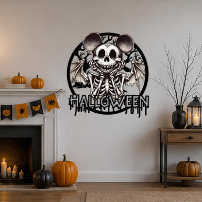 Halloween Skeleton Mouse Metal Sign | Gothic Horror Wall Decor | Spooky Bat Wing Skull Metal Art | Haunted House Halloween Decoration