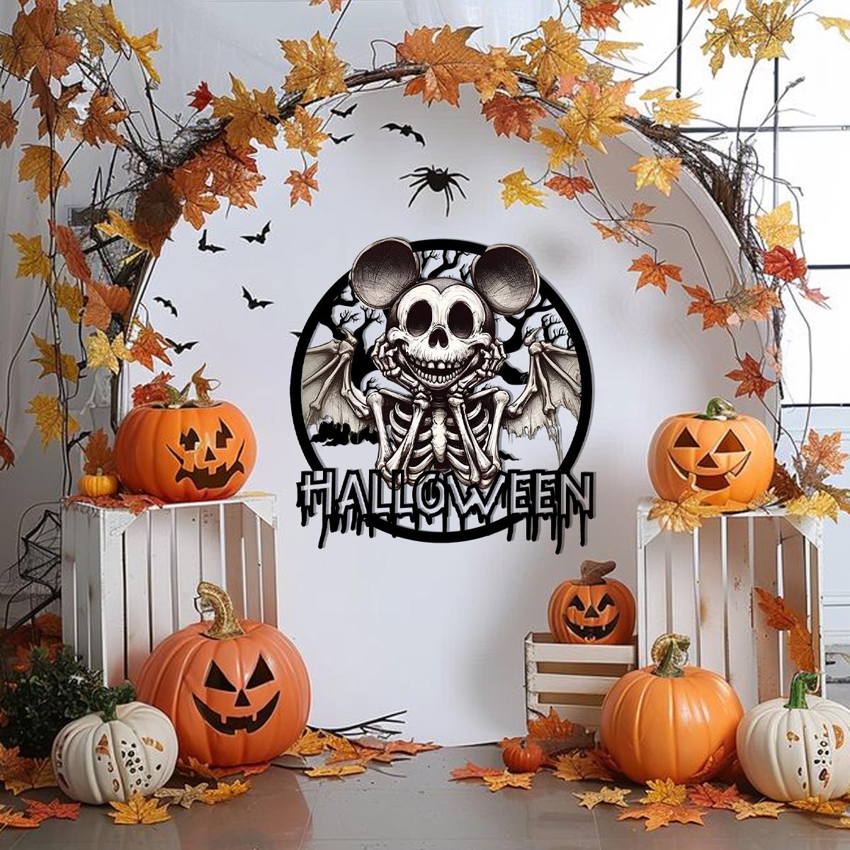 Halloween Skeleton Mouse Metal Sign | Gothic Horror Wall Decor | Spooky Bat Wing Skull Metal Art | Haunted House Halloween Decoration