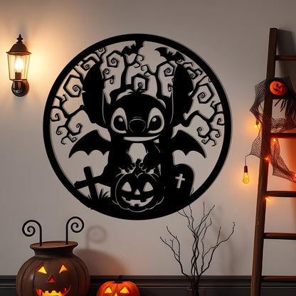 Cute Bat Monster Halloween Metal Sign | Spooky Pumpkin Graveyard Wall Decor | Gothic Halloween Steel Sign | Creepy Outdoor Porch Decor