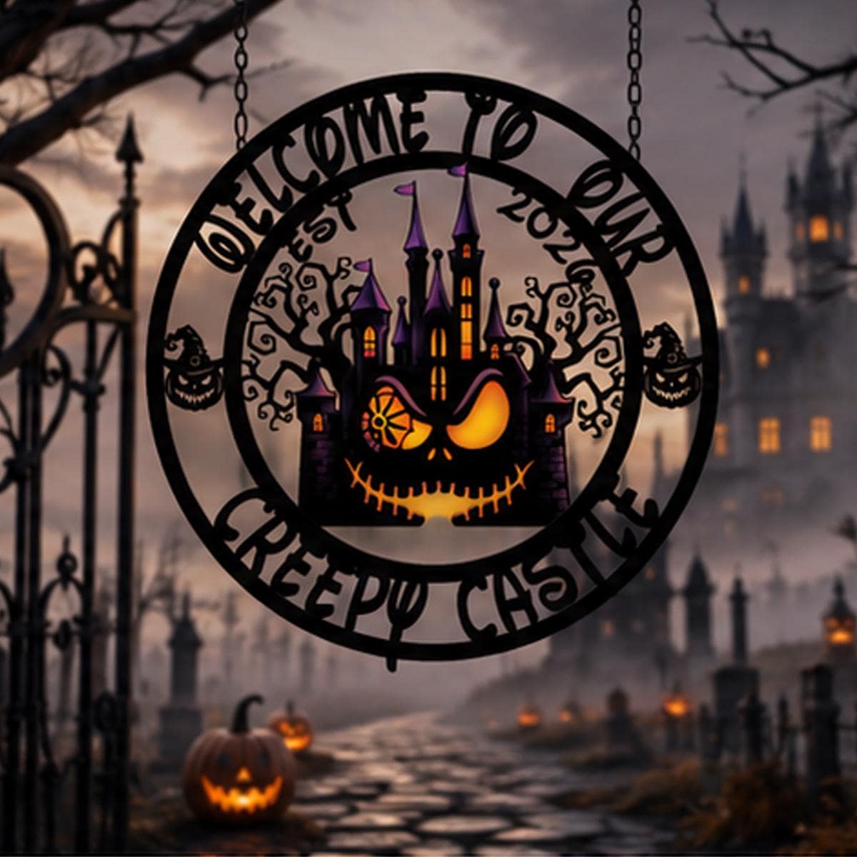Welcome to Our Creepy Castle Metal Sign | Halloween Pumpkin Castle Wall Decor | Gothic Halloween Door Sign | Spooky Haunted House Metal Art