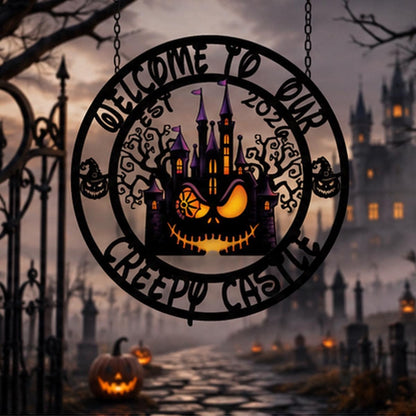Welcome to Our Creepy Castle Metal Sign | Halloween Pumpkin Castle Wall Decor | Gothic Halloween Door Sign | Spooky Haunted House Metal Art