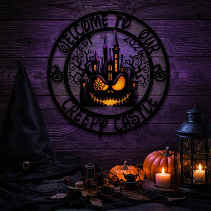 Welcome to Our Creepy Castle Metal Sign | Halloween Pumpkin Castle Wall Decor | Gothic Halloween Door Sign | Spooky Haunted House Metal Art