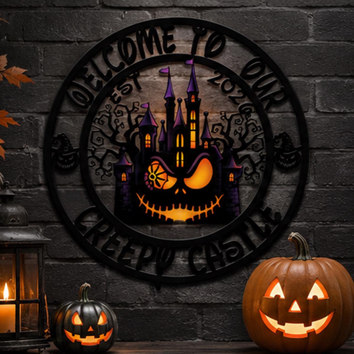 Welcome to Our Creepy Castle Metal Sign | Halloween Pumpkin Castle Wall Decor | Gothic Halloween Door Sign | Spooky Haunted House Metal Art
