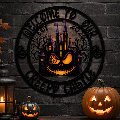 Welcome to Our Creepy Castle Metal Sign | Halloween Pumpkin Castle Wall Decor | Gothic Halloween Door Sign | Spooky Haunted House Metal Art