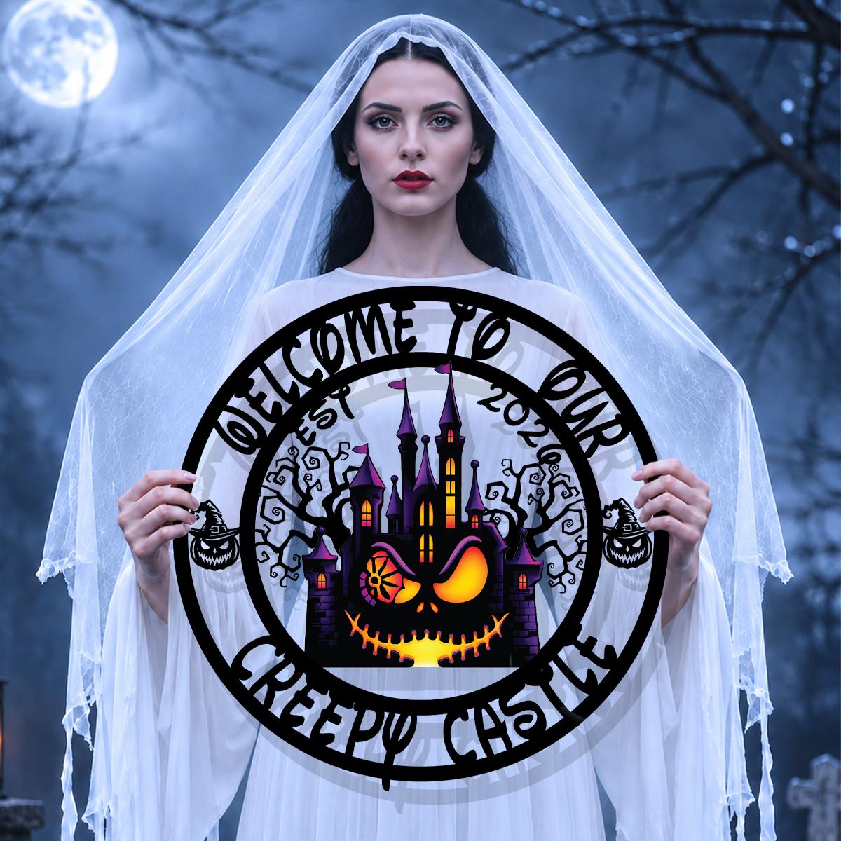 Welcome to Our Creepy Castle Metal Sign | Halloween Pumpkin Castle Wall Decor | Gothic Halloween Door Sign | Spooky Haunted House Metal Art